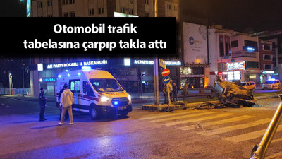 Otomobil trafik tabelasına çarpıp takla attı