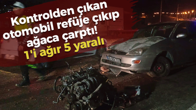 Kontrolden çıkan otomobil refüje çıkıp ağaca çarptı! 1'i ağır 5 yaralı